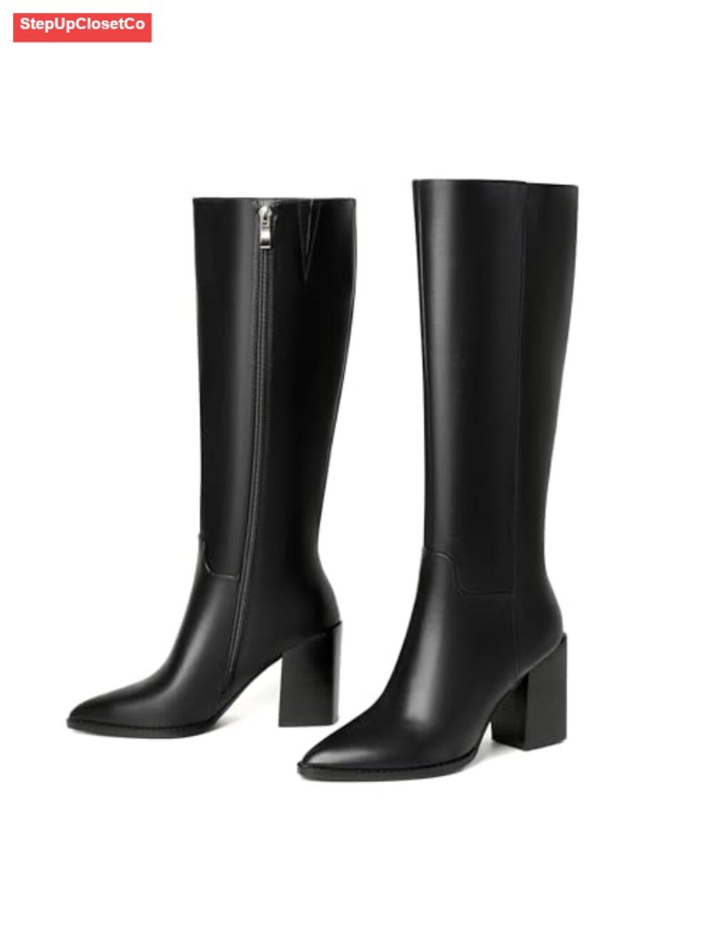 Faux Leather Knee-High Boots Pointed Toe Block Heel Zip Retro